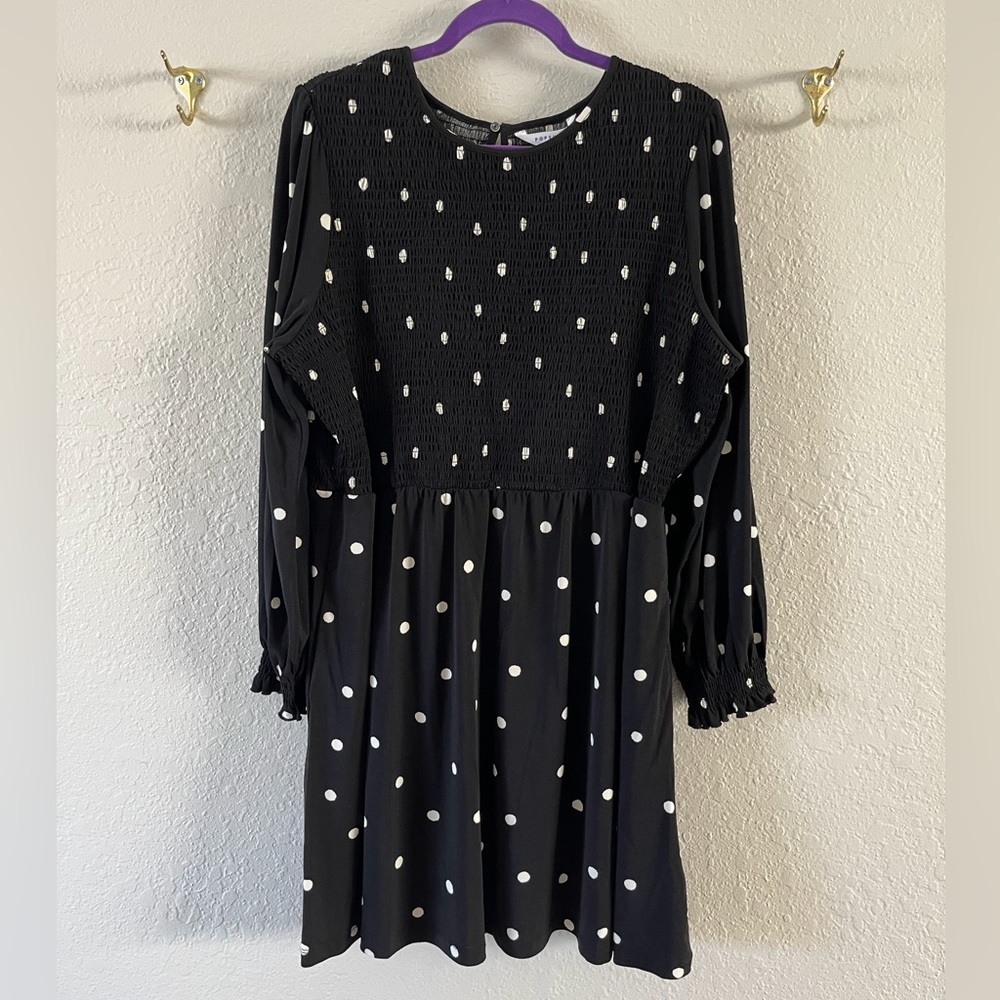 NWT Popsugar Black White Polka Dot Balloon Sleeve Smocked Top Mini Dress XXL